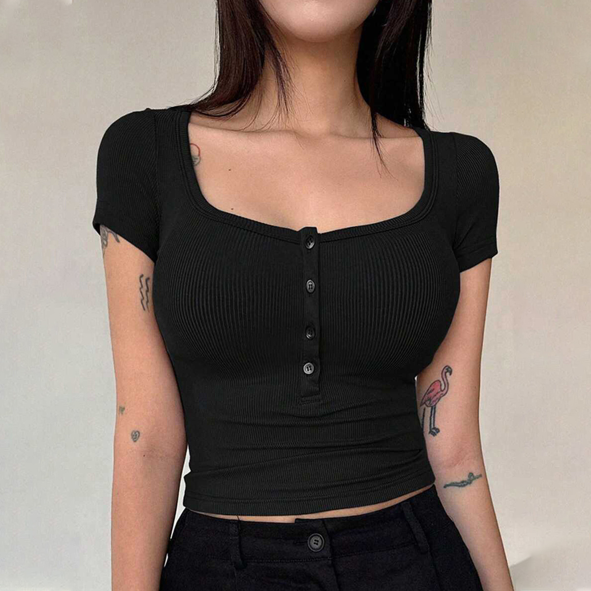 Embellish Knit - Summer Square Neck Button T Shirt