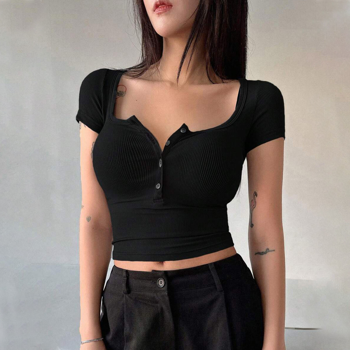 Summer Square Neck Button T Sh - Embellish Knit ulasan dan harga