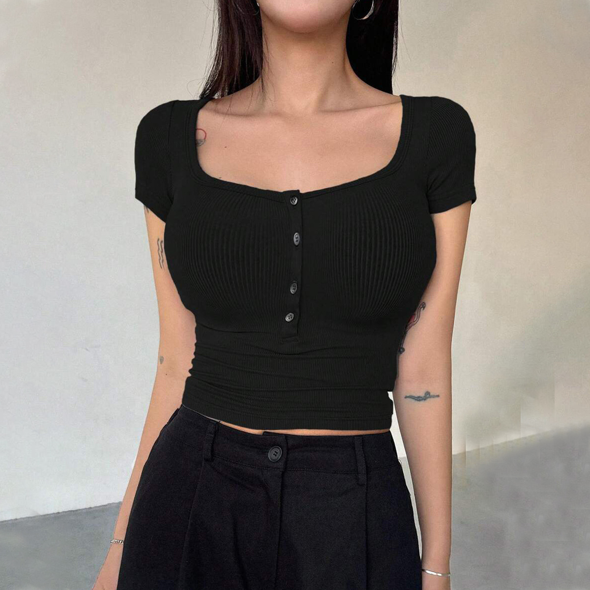 Summer Square Neck Button T Sh - Embellish Knit ulasan dan harga